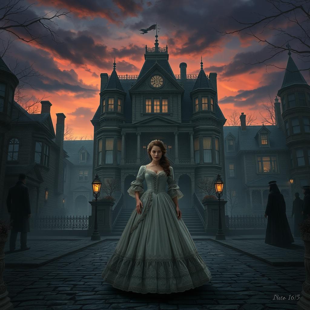 A captivating gothic romance scene set in the regency era, capturing the essence of the town of Satro