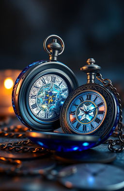 A stunning magical blue crystal pocket watch, intricately designed with swirling patterns and sparkling facets