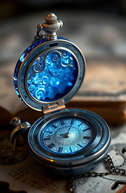 A stunning magical blue crystal pocket watch, intricately designed with swirling patterns and sparkling facets