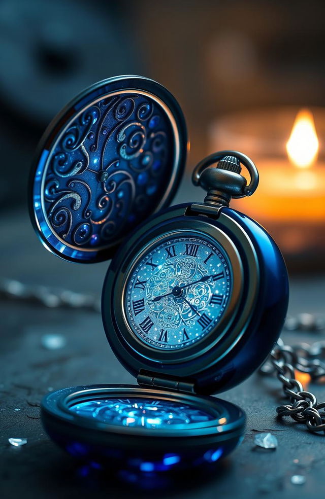 A stunning magical blue crystal pocket watch, intricately designed with swirling patterns and sparkling facets