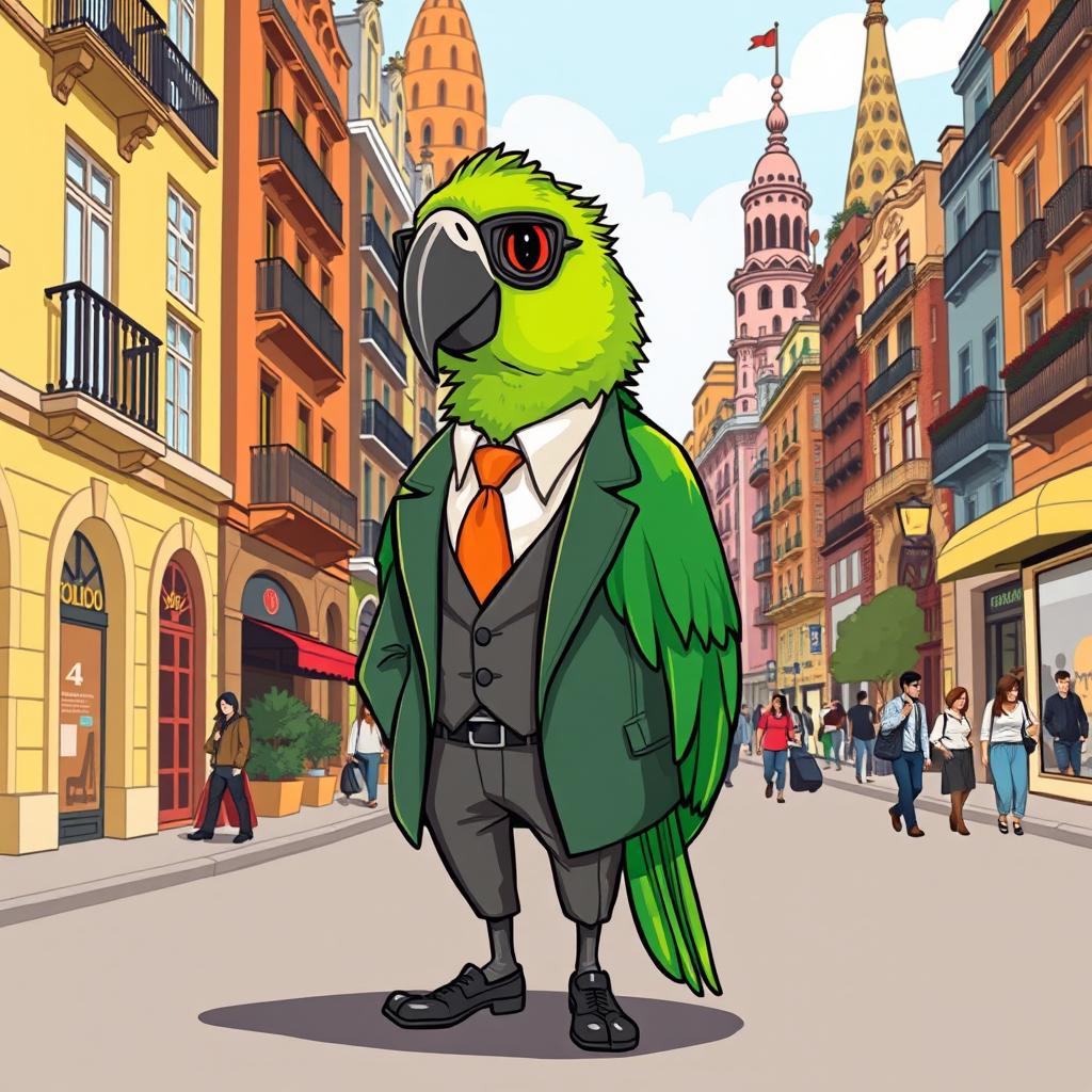 A charming illustration of a green parrot styled as a high-class city boy, set on the vibrant streets of Barcelona