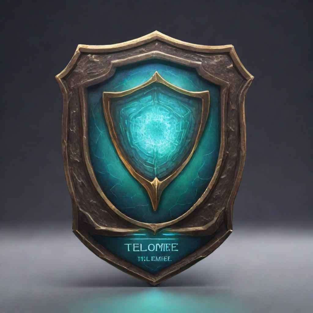 Illustrate a card named 'Telomere Shield'. It's an 'upcell' card type. The design highlights its protective role, enhancing a cell's lifespan. It glows with a force-field imbuing the cell with longevity and immunity to destruction effects.