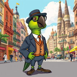 A charming illustration of a green parrot styled as a high-class city boy, set on the vibrant streets of Barcelona