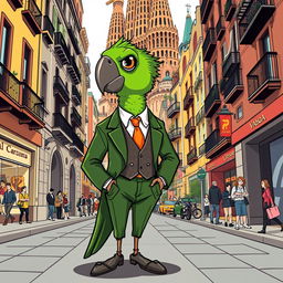 A charming illustration of a green parrot styled as a high-class city boy, set on the vibrant streets of Barcelona