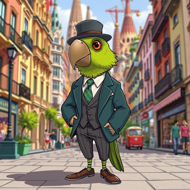 A charming illustration of a green parrot styled as a high-class city boy, set on the vibrant streets of Barcelona