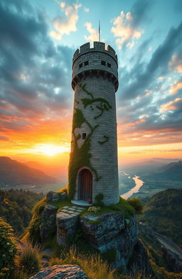 A stunning scene showcasing a majestic medieval tower standing tall on a rocky cliff against a dramatic sunset sky