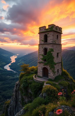 A stunning scene showcasing a majestic medieval tower standing tall on a rocky cliff against a dramatic sunset sky