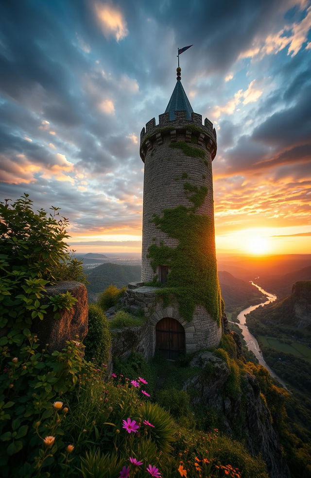 A stunning scene showcasing a majestic medieval tower standing tall on a rocky cliff against a dramatic sunset sky