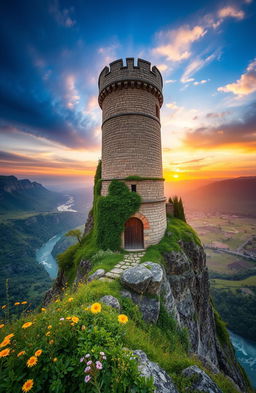 A stunning scene showcasing a majestic medieval tower standing tall on a rocky cliff against a dramatic sunset sky