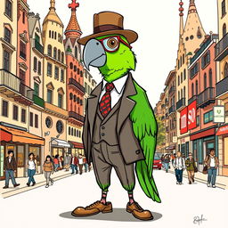 A delightful hand-drawn illustration of a green parrot styled as a high-class city boy, set against the lively streets of Barcelona