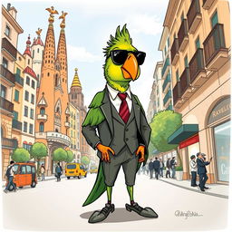 A delightful hand-drawn illustration of a green parrot styled as a high-class city boy, set against the lively streets of Barcelona