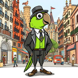 A delightful hand-drawn illustration of a green parrot styled as a high-class city boy, set against the lively streets of Barcelona