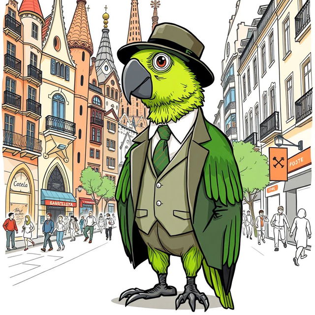 A delightful hand-drawn illustration of a green parrot styled as a high-class city boy, set against the lively streets of Barcelona