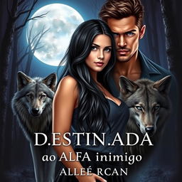 A captivating romance novel cover featuring a beautiful young woman with long black hair, standing confidently in a mystical forest under a full moon