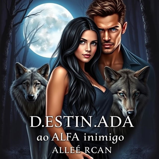 A captivating romance novel cover featuring a beautiful young woman with long black hair, standing confidently in a mystical forest under a full moon