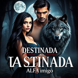 A captivating romance novel cover featuring a beautiful young woman with long black hair, standing confidently in a mystical forest under a full moon