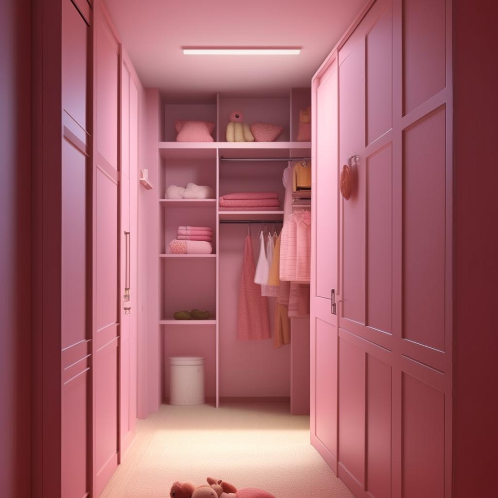 Generate an image of a tasteful 10x12 bedroom suitable for a 14-year-old girl. Include a full sliding door on the north wall, storage and shelf on the east wall, room and toilet doors and a wardrobe on the south wall, and the bed on the west wall. The design should appear mature and not overly childish.