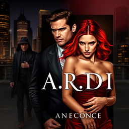 A striking book cover designed in the dark romance genre, featuring a wealthy, dominant man beside a vulnerable woman with vibrant red hair, set against a contemporary nighttime city backdrop