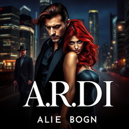 A striking book cover designed in the dark romance genre, featuring a wealthy, dominant man beside a vulnerable woman with vibrant red hair, set against a contemporary nighttime city backdrop