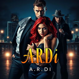 A striking book cover designed in the dark romance genre, featuring a wealthy, dominant man beside a vulnerable woman with vibrant red hair, set against a contemporary nighttime city backdrop