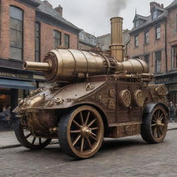 A formidable steampunk armored vehicle, crafted from brass and wood, powered by steam and gears, boasting cannon turrets and ironclad defenses, rolling through a cobbled Victorian street.