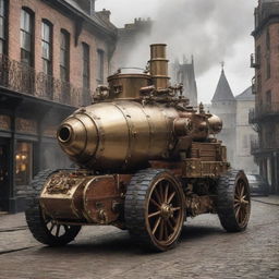 A formidable steampunk armored vehicle, crafted from brass and wood, powered by steam and gears, boasting cannon turrets and ironclad defenses, rolling through a cobbled Victorian street.