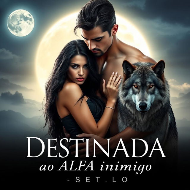 A captivating romance novel cover featuring a beautiful young woman with long black hair, entranced by a strong, handsome alpha male who exudes dominance