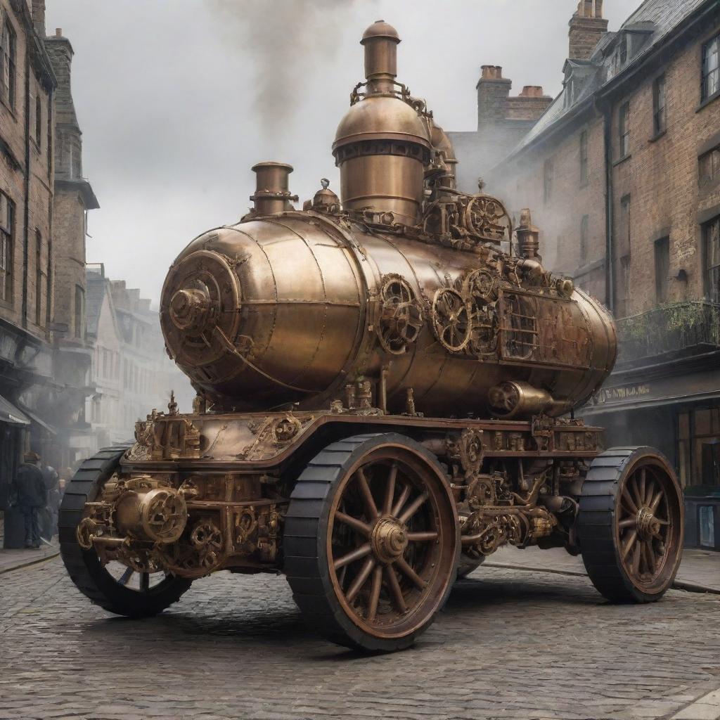 A formidable steampunk armored vehicle, crafted from brass and wood, powered by steam and gears, boasting cannon turrets and ironclad defenses, rolling through a cobbled Victorian street.