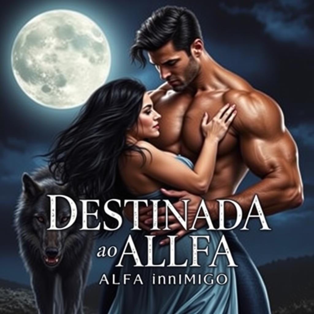 A captivating romance novel cover featuring a beautiful young woman with long black hair, entangled in a sensual and slightly erotic scene with a strong and handsome alpha male who is dominating her