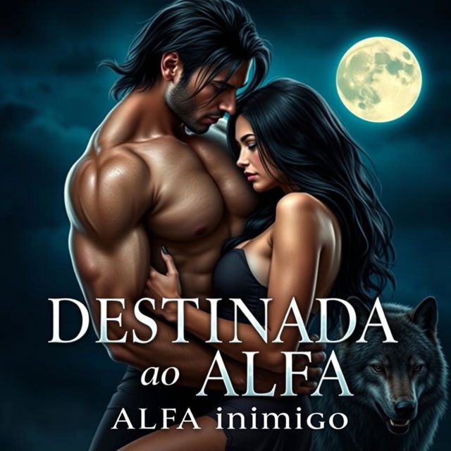 A captivating romance novel cover featuring a beautiful young woman with long black hair, entangled in a sensual and slightly erotic scene with a strong and handsome alpha male who is dominating her