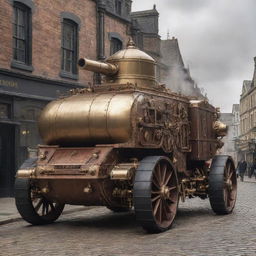 A formidable steampunk armored vehicle, crafted from brass and wood, powered by steam and gears, boasting cannon turrets and ironclad defenses, rolling through a cobbled Victorian street.