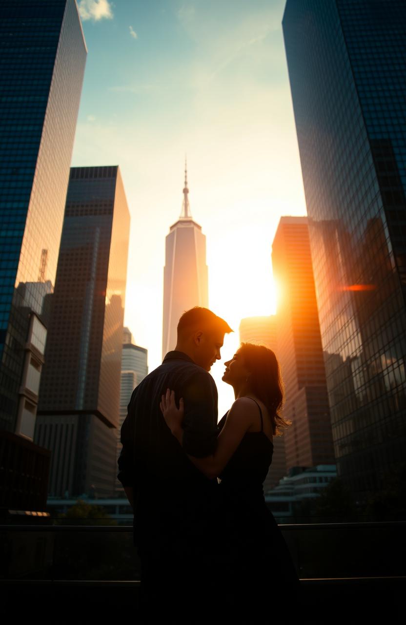 A romantic scene featuring a man and a woman standing close together, turned away from a screen but gazing at each other