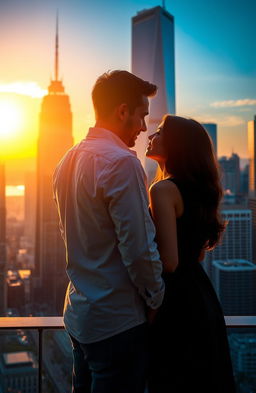 A romantic scene featuring a man and a woman standing close together, turned away from a screen but gazing at each other