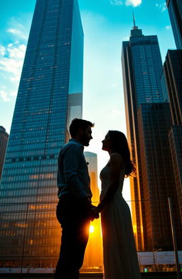 A romantic scene featuring a man and a woman standing close together, turned away from a screen but gazing at each other