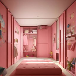 Generate an image of a tasteful 10x12 bedroom suitable for a 14-year-old girl. Include a full sliding door on the north wall, storage and shelf on the east wall, room and toilet doors and a wardrobe on the south wall, and the bed on the west wall. The design should appear mature and not overly childish.