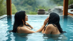 Two beautiful nude Japanese women in their mid-20s with long black hair, seated in a thermal water pool in Japan