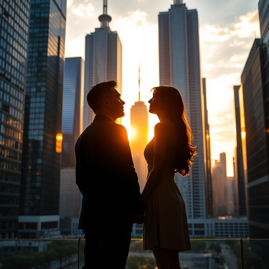 A romantic scene featuring a man and a woman standing slightly apart, turned away from a screen but gazing at each other