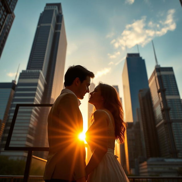 A romantic scene featuring a man and a woman standing slightly apart, turned away from a screen but gazing at each other