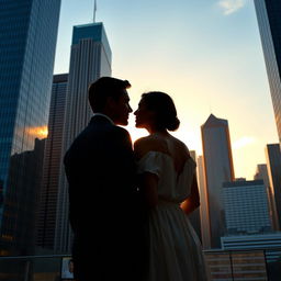 A romantic scene featuring a man and a woman standing slightly apart, turned away from a screen but gazing at each other