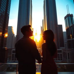 A romantic scene featuring a man and a woman standing slightly apart, turned away from a screen but gazing at each other