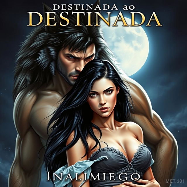 A captivating romance cover featuring a beautiful young woman with long black hair, being dominated by a strong and handsome alpha werewolf