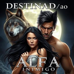 A captivating romance cover featuring a beautiful young woman with long black hair, being dominated by a strong and handsome alpha werewolf