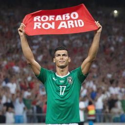 A passionate Cristiano Ronaldo fan in a sports stadium, wearing a jersey with Ronaldo's number, waving a banner with his face on it.