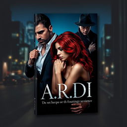 A striking book cover in the dark romance style, showcasing a wealthy, dominant man and a vulnerable woman with vivid red hair, set against a contemporary urban nighttime backdrop