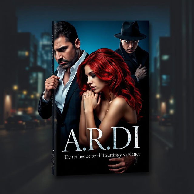 A striking book cover in the dark romance style, showcasing a wealthy, dominant man and a vulnerable woman with vivid red hair, set against a contemporary urban nighttime backdrop