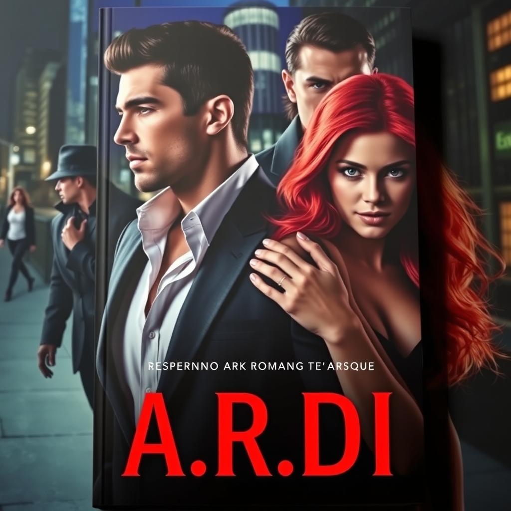 A striking book cover in the dark romance style, showcasing a wealthy, dominant man and a vulnerable woman with vivid red hair, set against a contemporary urban nighttime backdrop