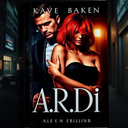 A striking book cover in the dark romance style, showcasing a wealthy, dominant man and a vulnerable woman with vivid red hair, set against a contemporary urban nighttime backdrop