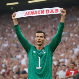 A passionate Cristiano Ronaldo fan in a sports stadium, wearing a jersey with Ronaldo's number, waving a banner with his face on it.