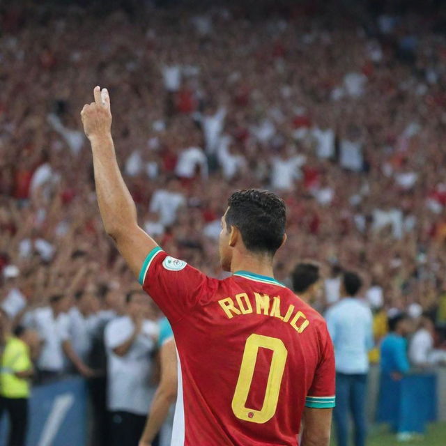 A passionate Cristiano Ronaldo fan in a sports stadium, wearing a jersey with Ronaldo's number, waving a banner with his face on it.