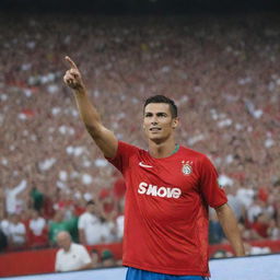 A passionate Cristiano Ronaldo fan in a sports stadium, wearing a jersey with Ronaldo's number, waving a banner with his face on it.